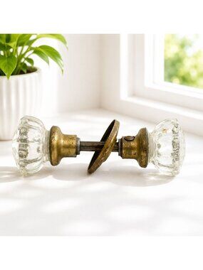 Vintage Glass & Brass Door Knob Set With Single Escutcheon Plate 6" Length 2" Kn